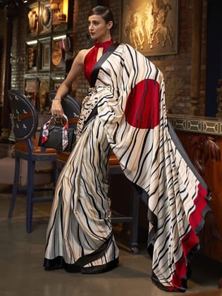White And Red Printed Daily Wear Crepe Saree