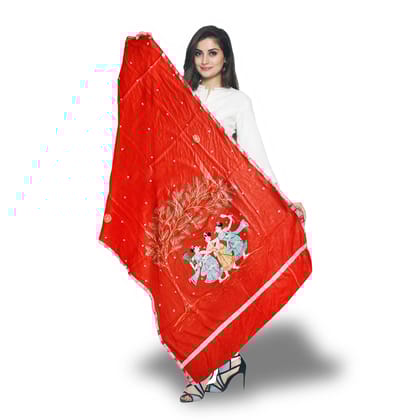 Red Hand Painted Adivasi Pattachitra Silk Dupatta