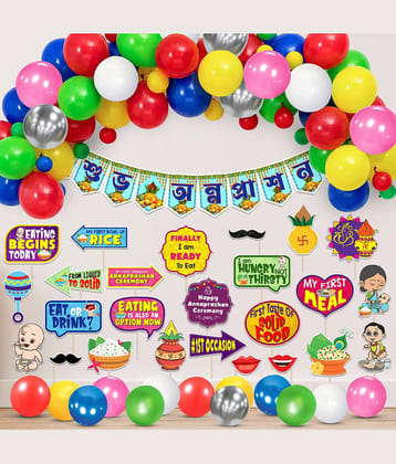 Zyozi Annaprasanam Bunting Banner Bengali Font Shubh Annaprashan with Photo Booth Props and Balloons (Pack of 51)