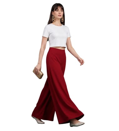 Generic Women's Georgette Solid Mid-Rise Wide Leg Flared Palazzo Pants with Elastic Waist, Ankle Length Trousers for Daily, Office and Casual Wear (Maroon, M, Pack of 1, Design 67555)