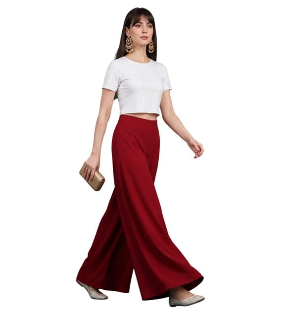 Generic Women's Georgette Solid Mid-Rise Wide Leg Flared Palazzo Pants with Elastic Waist, Ankle Length Trousers for Daily, Office and Casual Wear (Maroon, M, Pack of 1, Design 67555)