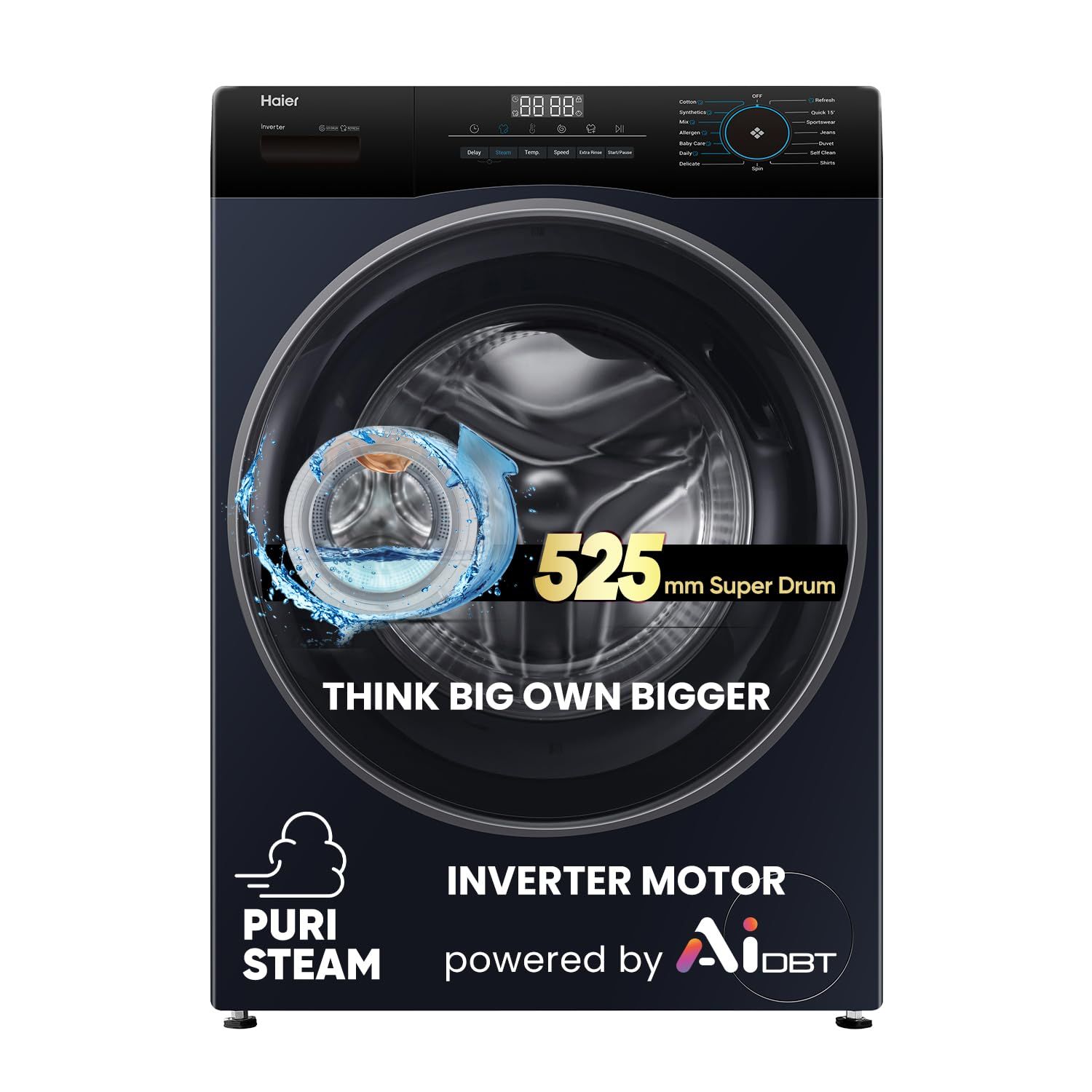 Haier 7 Kg 5 Star Powered by AI-DBT with PuriSteam, 525mm Super Drum Fully Automatic Front Load Washing Machine (HW70-IM12929BK, Inverter Motor with In-Built Heater, Black) Haier 7 Kg 5 Star Powered by AI-DBT with PuriSteam, 525mm Super Drum Fully Automa