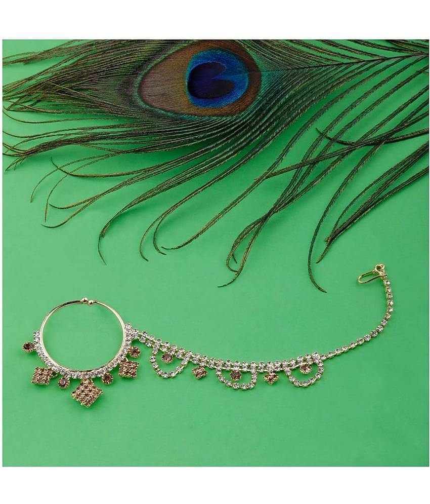 SILVER SHINE  Traditional Gold Plated Antique Golden  Diamond Studded Designer Wedding Nose Ring for Girls And Women Jewellery