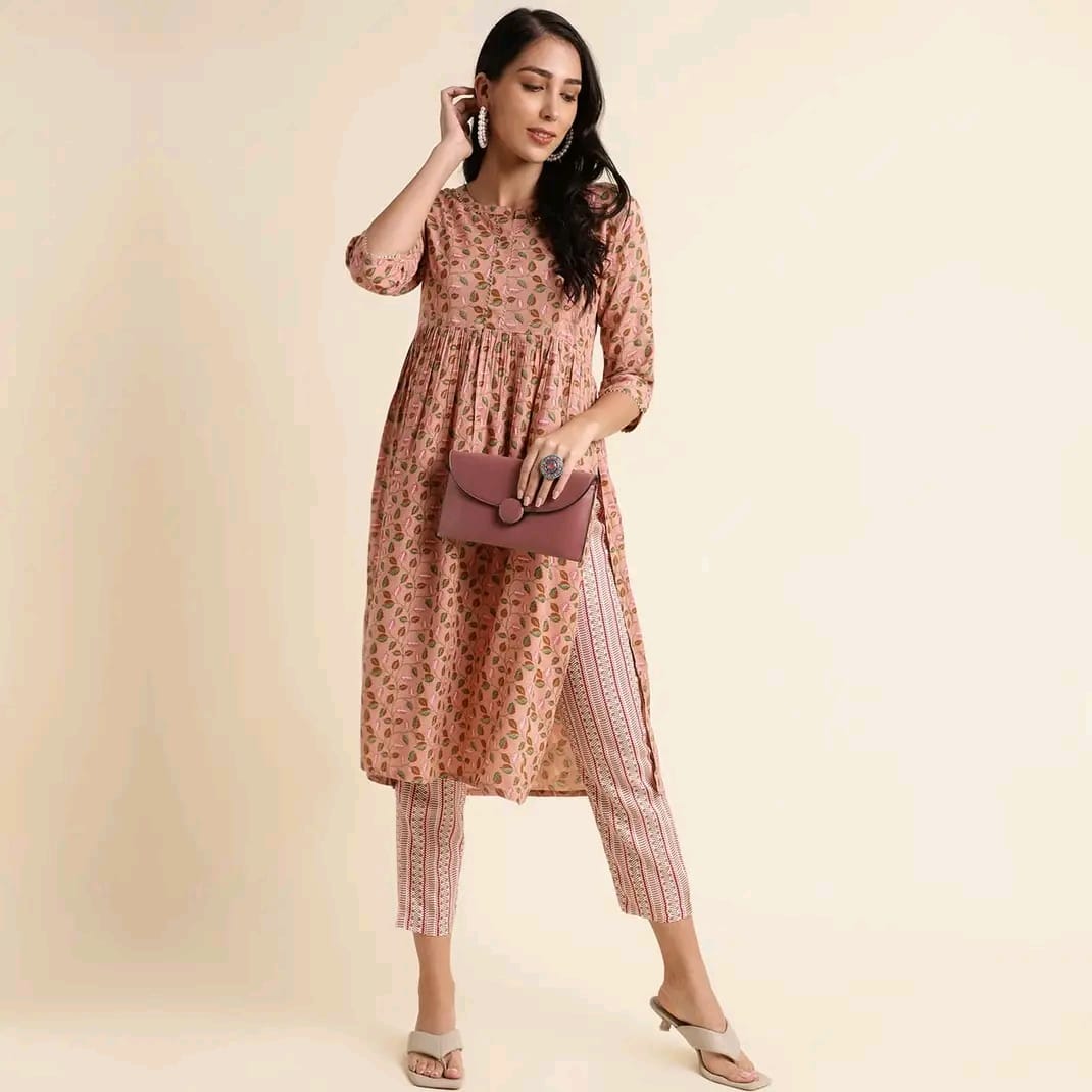 Reyon Gold Foil Printed Flared Designer Kurti Set