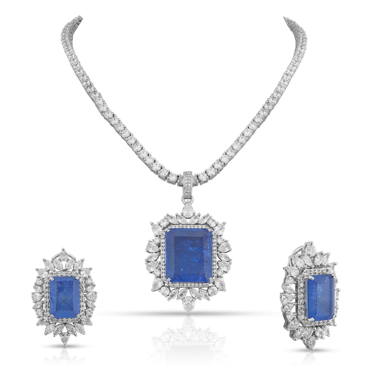 Kendra - Blue Stone Centred CZ Necklace Set-Blue