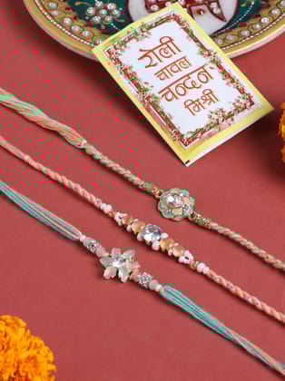NVR Men Set of 3 Floral Design Multicolor Artificial Stones & Pearls Thread Rakhi with Roli Chawal Chandan & Mishri-One Size / Multicolor