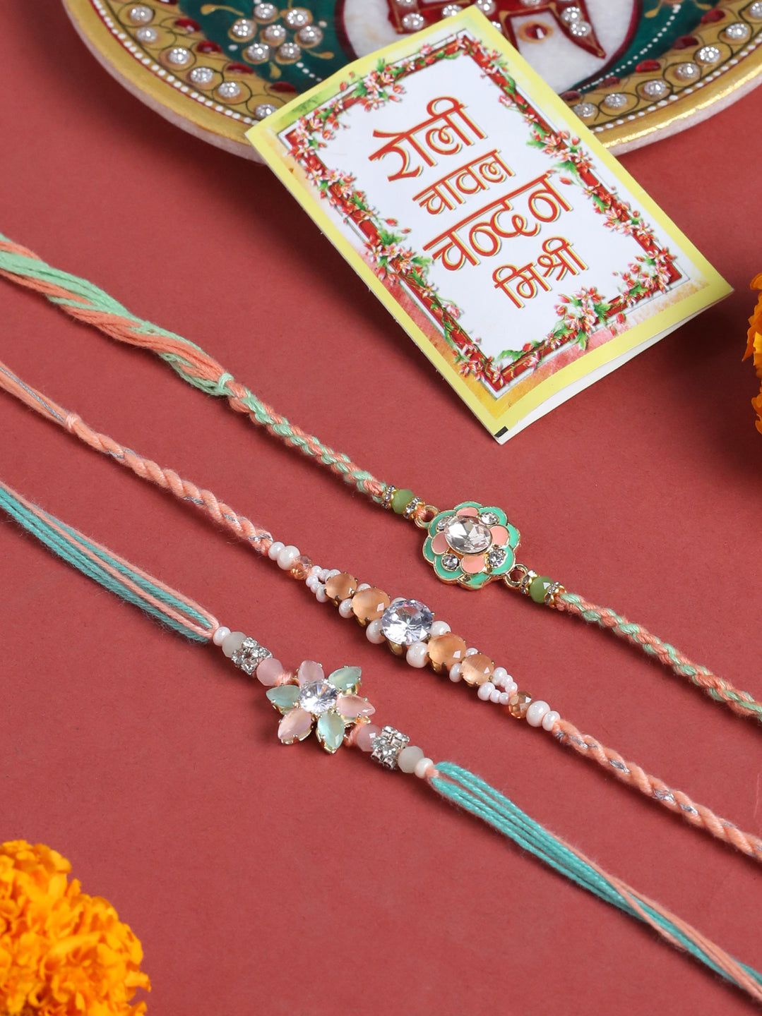 NVR Men Set of 3 Floral Design Multicolor Artificial Stones & Pearls Thread Rakhi with Roli Chawal Chandan & Mishri-One Size / Multicolor
