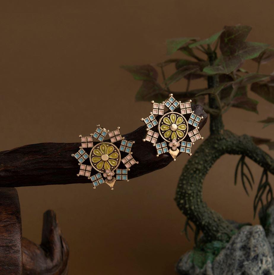 Gold Plated Floral Enamel Designed Artwork Antique Earring-