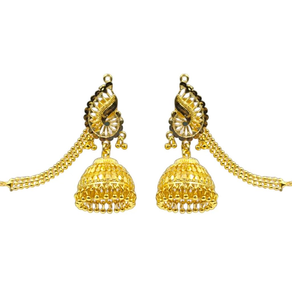 Gold Plated Jhumka Earrings with Hair Chain – Bridal & Ethnic Jewelry