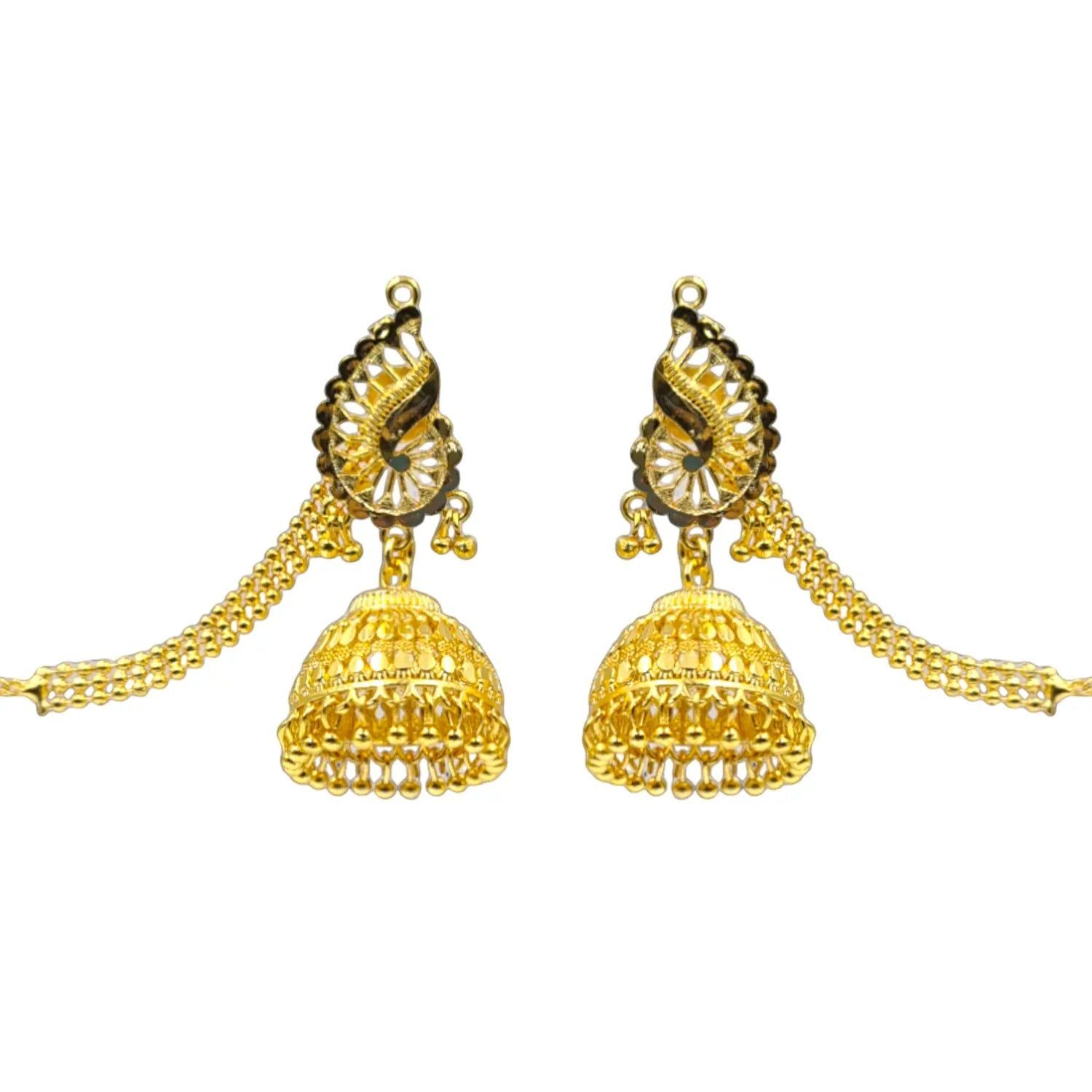 Gold Plated Jhumka Earrings with Hair Chain – Bridal & Ethnic Jewelry