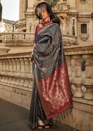Steel Grey Woven Banarasi Soft Silk Saree
