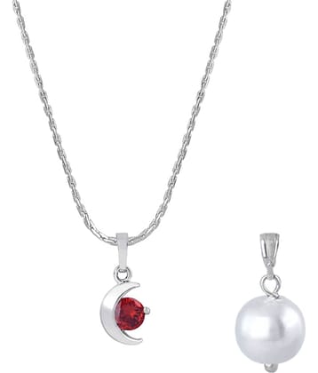Fashion Combo of Silver Plated Cubic Zircon Red Half Moon Solitaire Pendant and Japanese Pearl Pendant with Chain for Women and Girls
