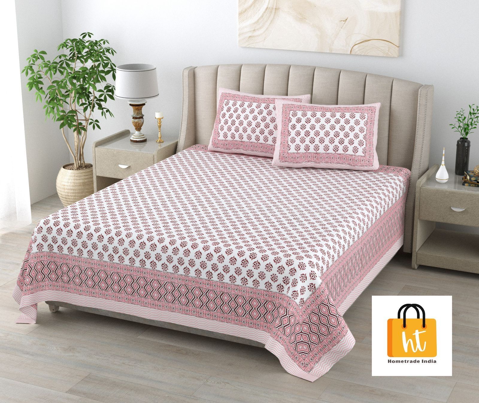 3001-Hometrade India-Standard King Size (90*108 Inches) Double Bedsheet With 2 Pillow Cover-RJ-14-Jaipur lining-3311