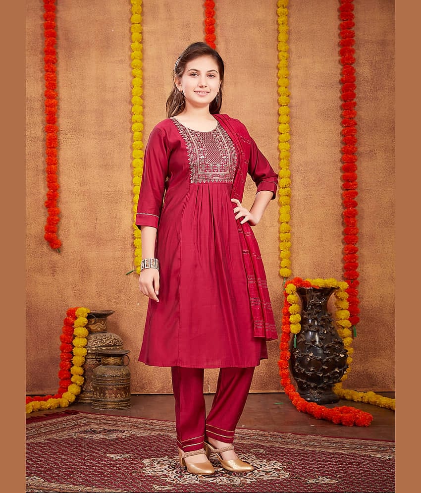Aarika Girls Silk Kurta and Pant Set ( Pack of 1 , Maroon )