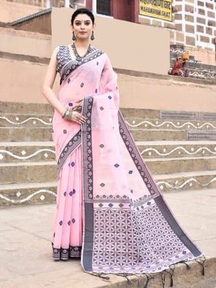 Light Pink Handloom Cotton Butti Weaving Saree