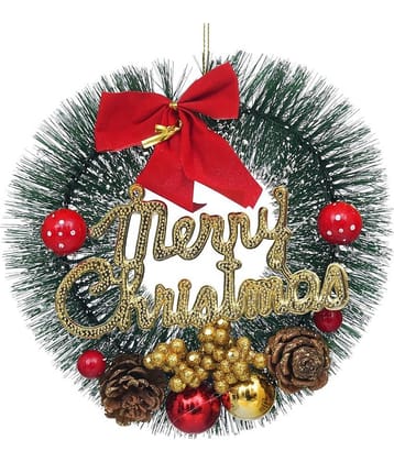 eCraftIndia Green & Red Merry Christmas Wreath With Berries Ball Flowers Ribbon Christmas