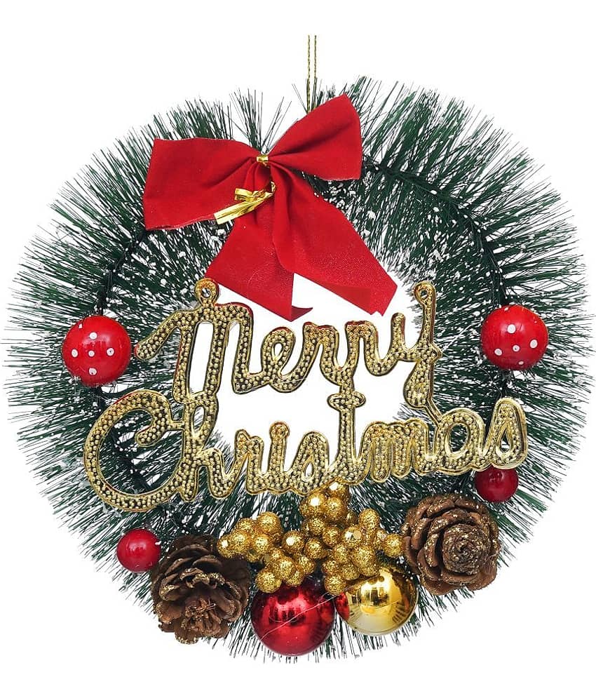 eCraftIndia Green & Red Merry Christmas Wreath With Berries Ball Flowers Ribbon Christmas