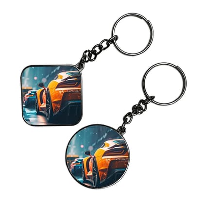 Orange Car - Keychain With Silver Border (Pack Of 2)