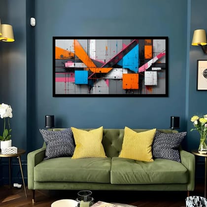 Luminary Urban Vector – Geometric Fusion Museum-Quality Cotton Canvas Art for Living Room Décor | Frame Size (127 X 69 Cm) | Frame Type (Black) | 5-Year Warranty