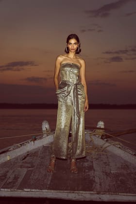 OFF-SHOULDER LAMÉ PANT SET-XXS / S