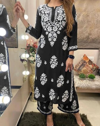 Chikankari work Kurti Palazzo Set (Ready to Wear)-Black / M