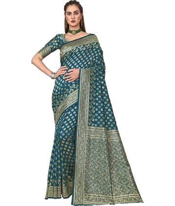 Sariya Jacquard Woven Saree With Unstitched Blouse Piece ( Blue )