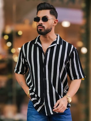 Terry Vertical Stripes Black Half Sleeve Shirt-S