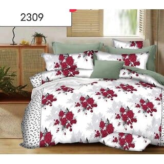 Indkus Nexa White Red Flowers printed double bedsheet with 2 Pillow Covers (228 X 228 cm)