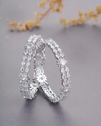 Crystal Rhodium Plated Bangles (Pack of 2)-White / Rhodium / 2.6