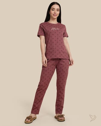 Leaf Printed Co-ord Set - Burgundy Loungewear-XS / Burgandy