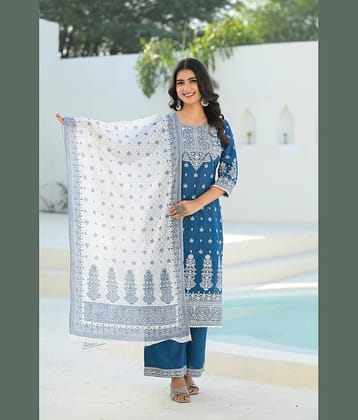 Juniper Women Cotton Embroidered Straight Kurti With Pants ( Indigo )