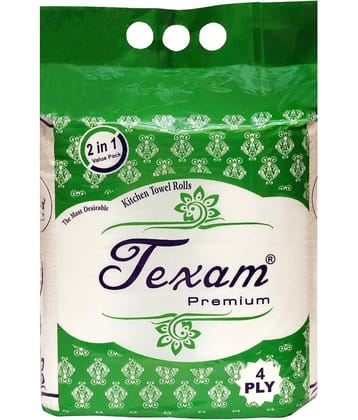 Texam 4 Ply Kitchen Tissue/Towel Paper Roll 300 Sheets | 75 Pulls X 2 Rolls | Soft and Highly Absorbent | 100% Natural Virgin Cellulose Fiber