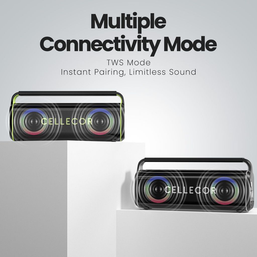 CELLECOR CBS-04 Thunder 120W RMS Bluetooth Speaker with 10 Hours Playtime | TWS Mode | Multiple LED Light Modes | Eco Adjuster | Dual EQ Modes | Multiple Connectivity Wireless Portable (Black Neon)