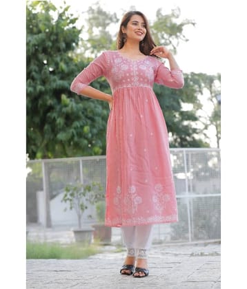 SHREE JEE FABRICS Pack of 1 Rayon Embroidered Anarkali Women's Kurti - ( Pink )