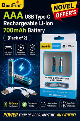 NOVEL BestFire AAA 1.5V USB Type-C Rechargeable Lithium-Ion Battery 700mAh Pack of 2 | Suitable for Remote Controls, Wireless Accessories, Toys and Electronic Devices