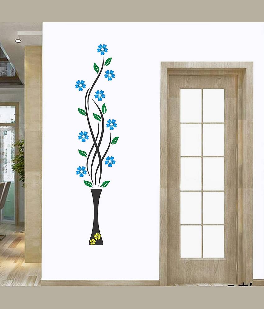 Asmi Collection Beautiful Vase and Blue Flowers Wall Sticker ( 150 x 35 cms )