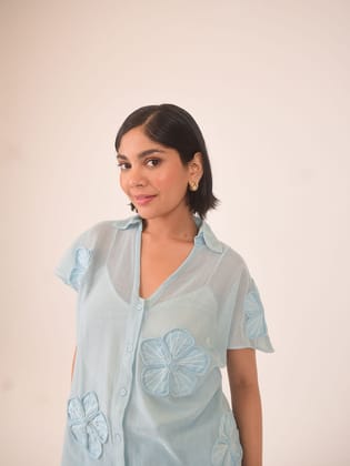 Aster Applique Cotton Net Shirt-XS