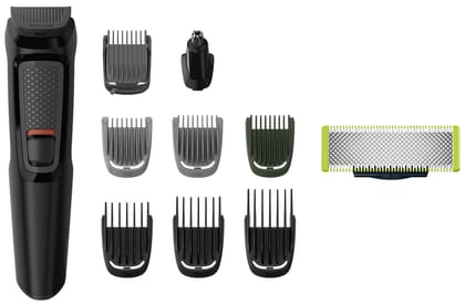 PHILIPS Multi Grooming Hair Trimmer Kit For Men Mg3710/65, 9-In-1 (New Model), Face, Head And Body, 60 Mins Run Time & Oneblade Replaceable Blade Pack Including 2 Replaceable Blades, Qp220/51 (Lime) PHILIPS Multi Grooming Hair Trimmer Kit For Men Mg3710/