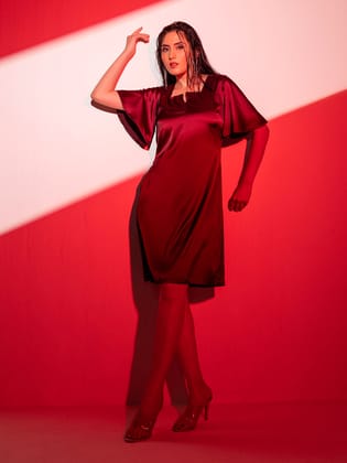 Satin Stretch A line Party Dress - Wine-M