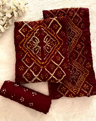 Cotton Self Color Multi Gulti Bandhej Hand Crafted Jamnagar Bandhani Dress Material (Unstitched)