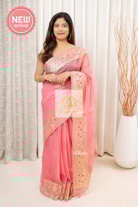 Gota Patti Work Kota Saree- Pink