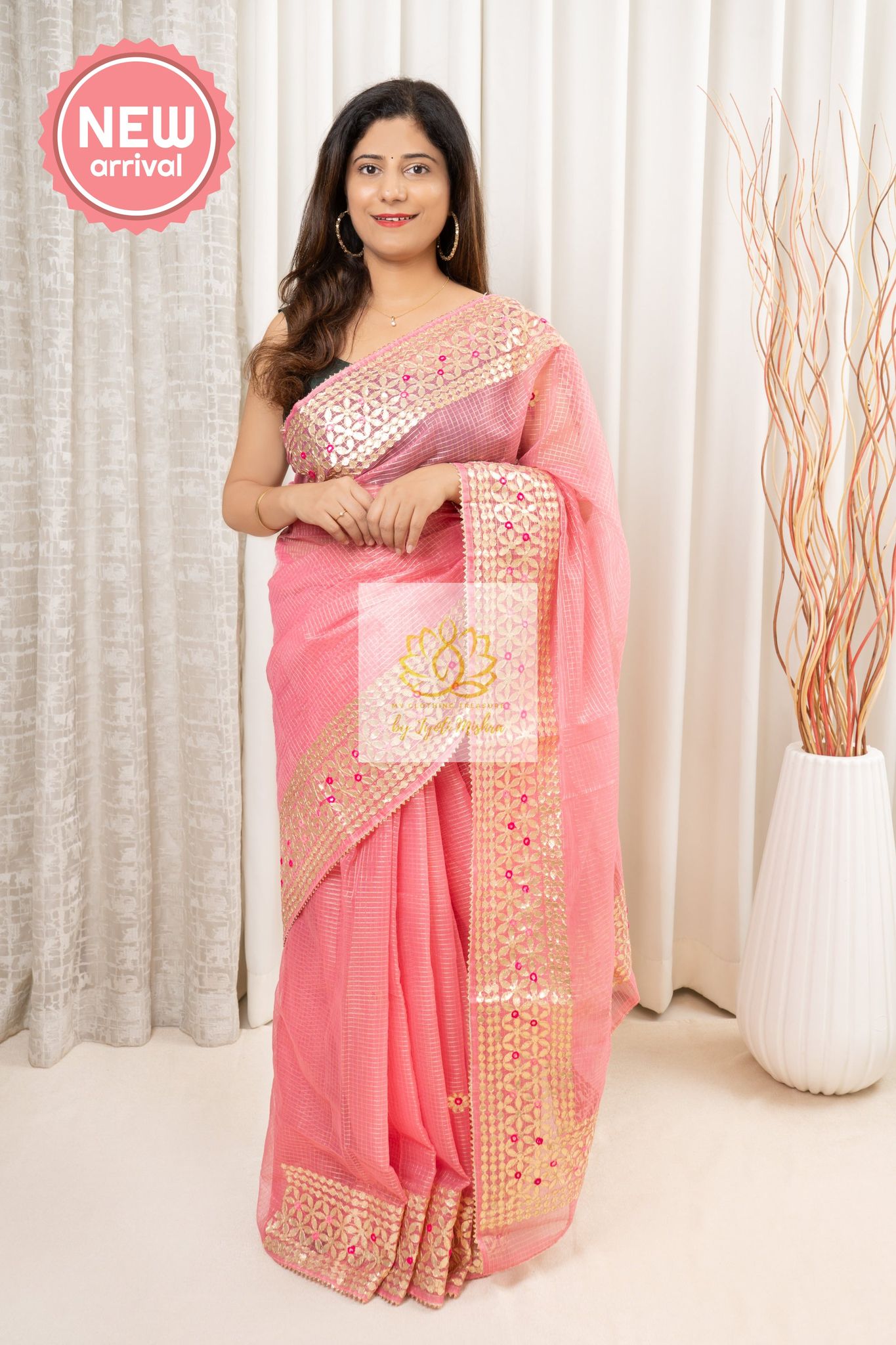 Gota Patti Work Kota Saree- Pink