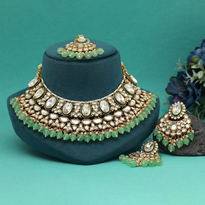Parrot Green Color Kundan Necklace Set (KN1424PGRN)-Adjustable Rope / Green / Alloy With Good Quality Gold Plated