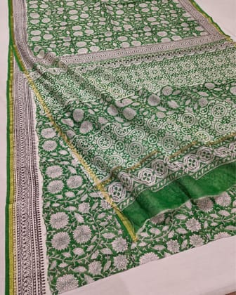 Whispering Petals Blockprint Chanderi Silk Saree Dark Green