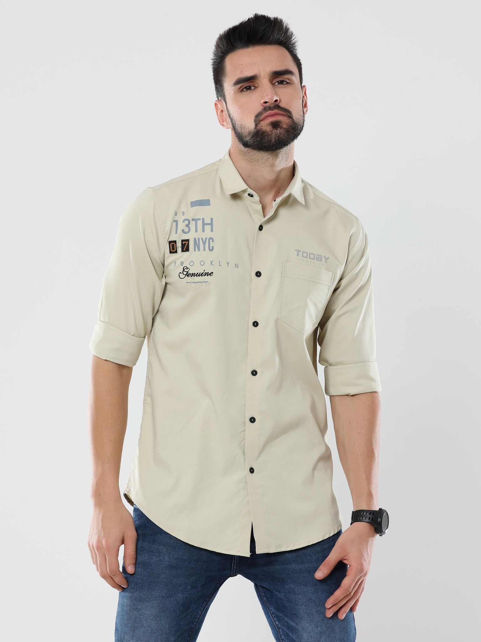 Men's Cream Solid Slim Fit Stretchable Shirt | Rick Rogue-M/38