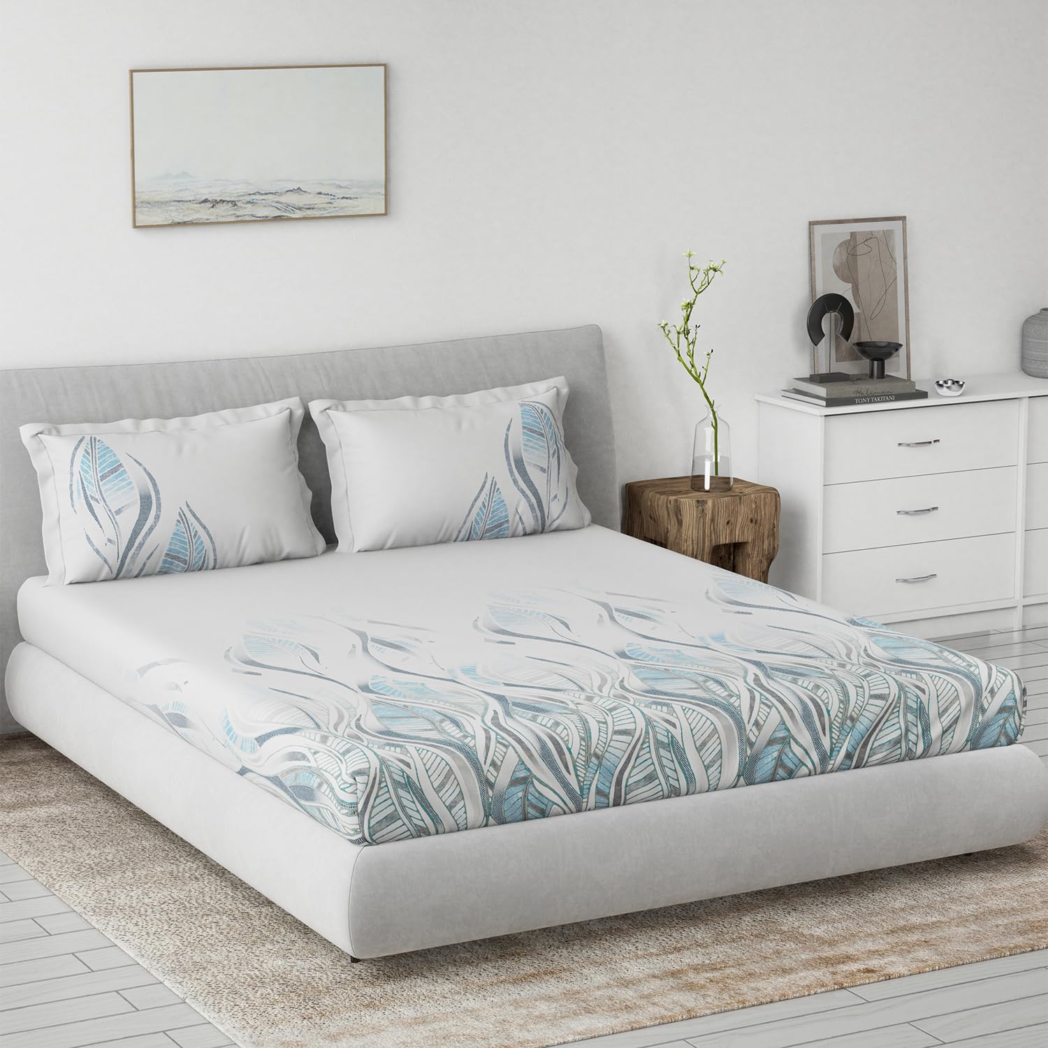 DDECOR - Primary Collection 100% Cotton Leaves Pattern 145TC King Bedsheet |229 CM X 274 CM| with 2 Pillow Covers - Blue