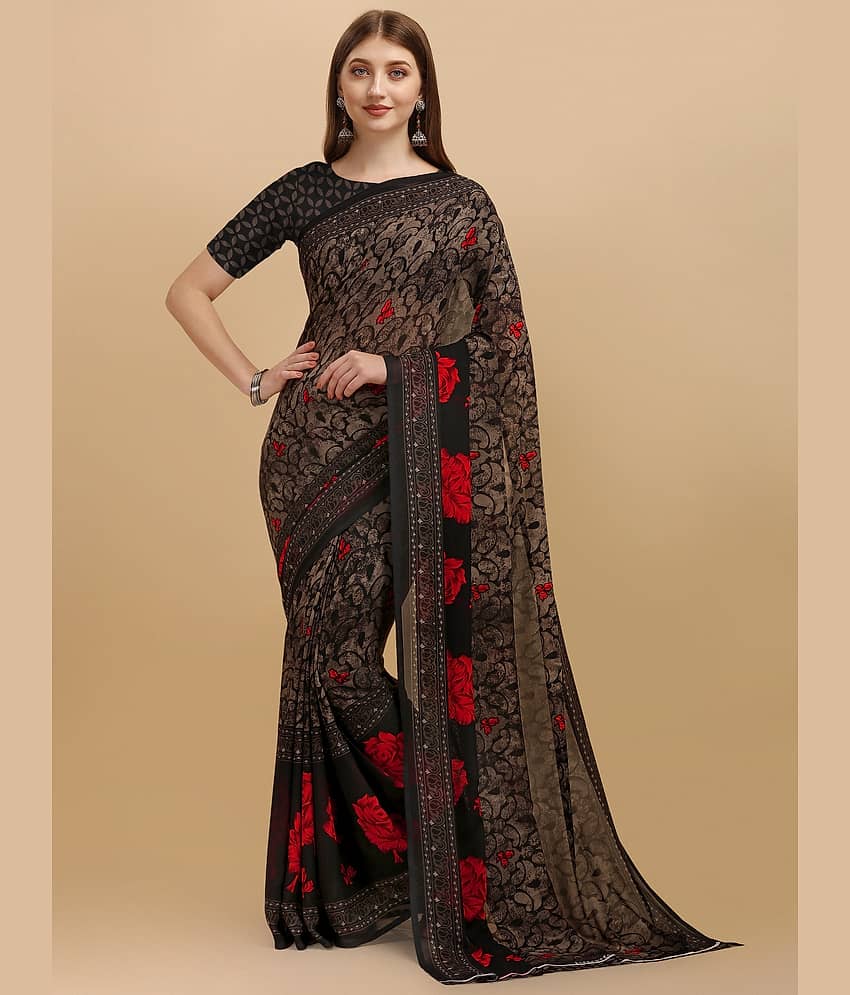 LEELAVATI Georgette Printed Saree With Unstitched Blouse Piece ( Black )