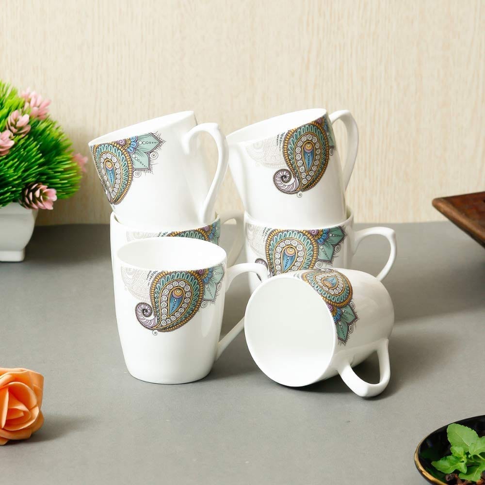 Femora Indian Ceramic Handmade Painted Peacock Design Tea Cup Coffee Cup - 6 Pcs,160 ML - Small Serving