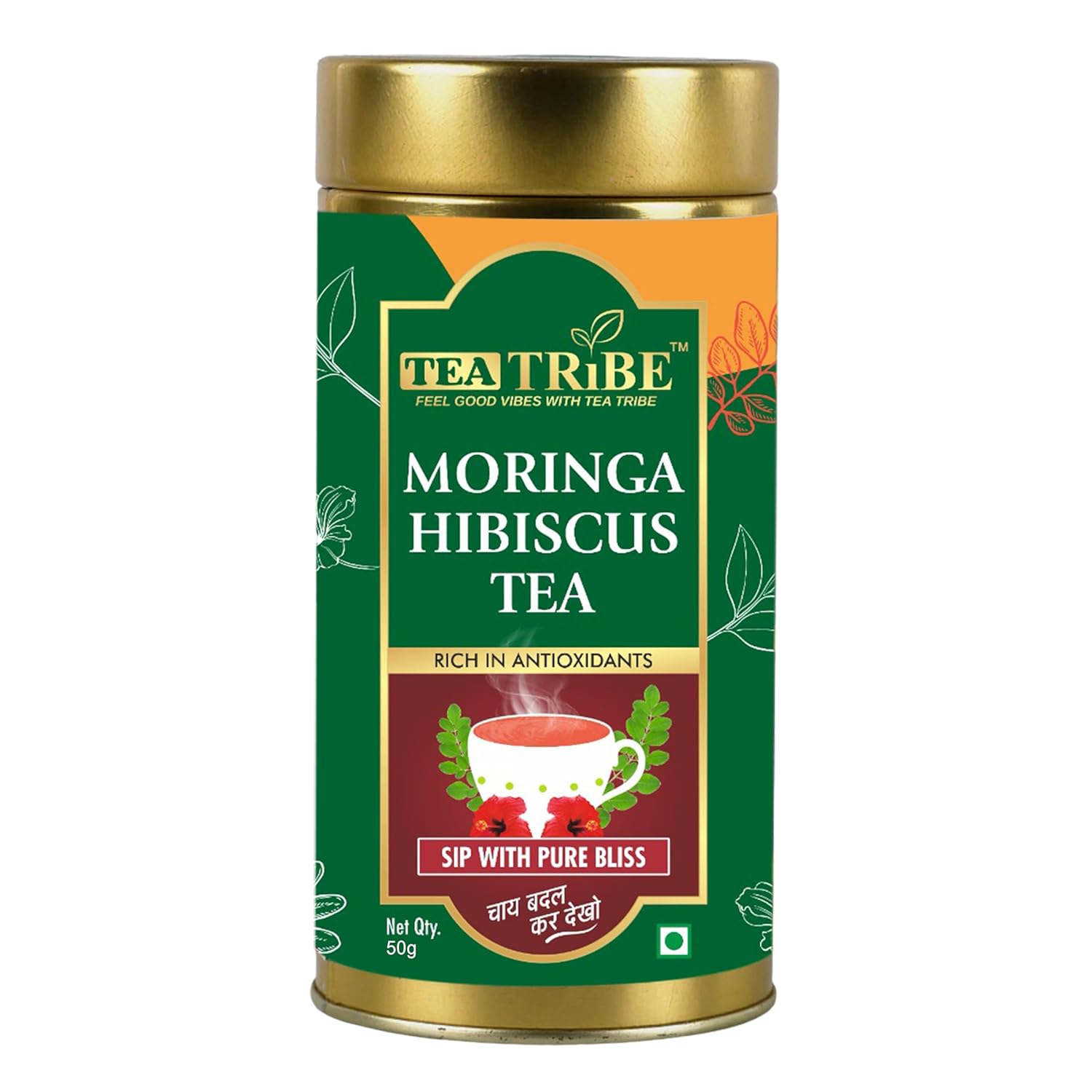 TeaTribe Herbal Tea Moringa Hibiscus | Caffeine-Free Herbal Infusion | Rich in Antioxidants & Vitamin C | Immunity Boost & Detox Tea (50g)