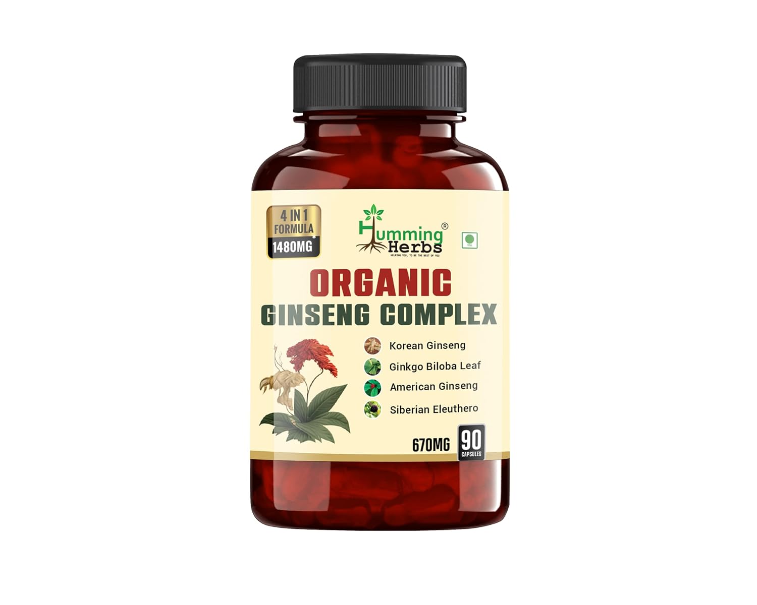 Humming Herbs Organic Ginseng Complex 4in1 | 90 Capsules | 1480mg | Formula with Korean Ginseng, Ginkgo Biloba, American Ginseng and Siberian Eleuthero - Optimised
